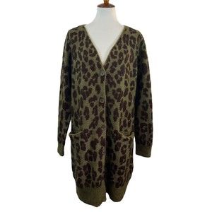LOGO by Lori Goldstein Green Leopard Jacquard Cardigan NWT Size Medium